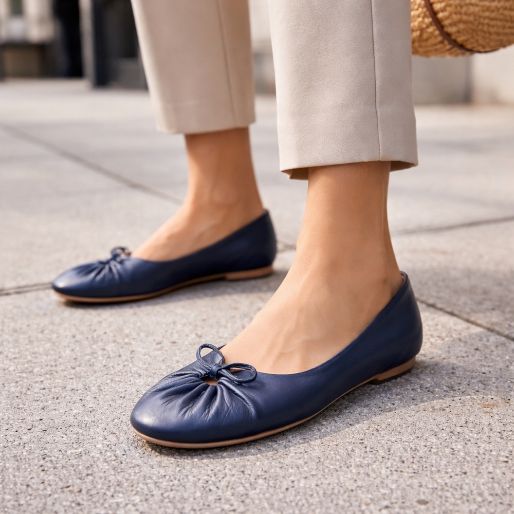 Bueno Navy Leather Slip-On Flats | Soft Ruched Toe Bow Detail Comfort